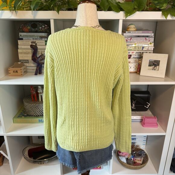 Vintage Talbots Size L Cotton Lime Green Cable Knit Logo Oversized Sweater - Picture 5 of 10
